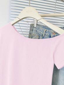 性感不对称肩短袖修身露脐上衣 粉色夏季 - 粉色 - 查看 8