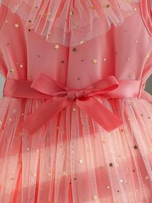 年轻女孩夏季轻盈网眼 V 领松紧腰公主裙，带星星贴花，优雅适合生日海滩派对 - 西瓜粉 - 查看 6