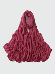 1条女士纯色褶皱休闲围巾，弹力透气针织小长围巾，可作头巾、披肩，保暖防晒，适合搭配连衣裙