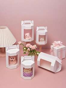 12pcs Gift Boxes, Octagon Shaped Paper Boxes With Handles & Transparent PET Window, Matte White Suitable For Party Gifts, Birthdays, Weddings, Christmas, Holiday Gifts