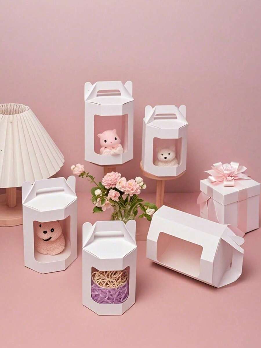 12pcs Gift Boxes, Octagon Shaped Paper Boxes With Handles & Transparent PET Window, Matte White Suitable For Party Gifts, Birthdays, Weddings, Christmas, Holiday Gifts