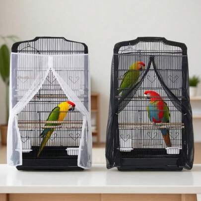 1pc Zipper Solid Color Parrot Cage Mesh Net Cover, Anti-Feather Shedding, Anti-Spill, Anti-Dust, Anti-Mosquito, Breathable, Reusable, Universal For Birds, All Season
