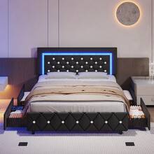 Twin/ Full/ Queen Bed Frame With Drawers, Upholstered Bed Frame With LED Lights, Modern Platform Bed Frame With Headboard And Footboard, Diamond Tufted Design, No Box Spring Needed, White/ Pink/ Black/ Purple/ Yellow (Twin Size 2 Drawers/ Other Size 4 Drawers) * Bed Frame Queen Bed Frame Bed Queen Bed Frame King Bed Frame Bedroom Furniture Bed Frame Full Full Size Bed Frame Twin Bed Frame Beds Cozy Bedroom Home Bedroom Refresh Room Decor Home Decor Christmas Decor Bedroom Decor Valentine Day Decor Storage Living Room Decor Furniture House Decor Halloween Decorations  ( USB LED Strip) - 黑色 - 查看 11
