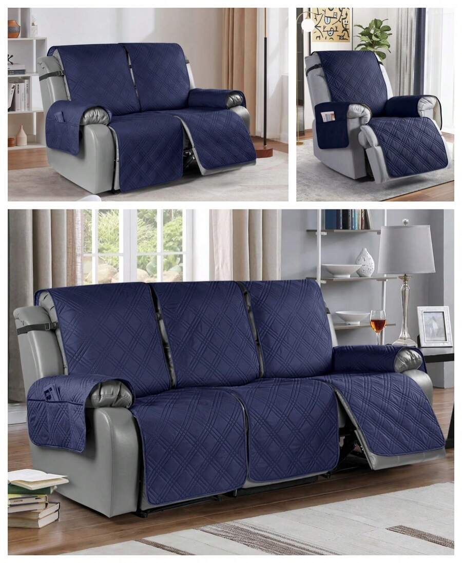 1/2/3 Seat Waterproof Recliner Sofa Cover, Non Slip Recliner Chair Covers, Washable Reclining Couch Cover Outdoor Cushion Covers Garden Furniture Protector With Elastic Straps Pocket For Pets, Cats, Dogs Dark Blue - 深藍 - 查看 1