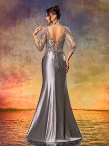 LVNES elegantes silbernes Satin Brautmutterkleid, figurbetontes langes Abendkleid oder Hochzeitsgast-Kleid - Silber - Übersicht 2