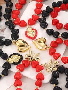 1 pieza Collar con colgante de perla de resina de estilo elegante y lujoso Y2K, con cuentas de cobre en forma de corazón, color rojo, regalo de joyería para hermanas, parejas, adecuado para el Día de San Valentín, citas, fiestas, bodas, vacaciones, Navidad, usar joyería roja - collar - View 3