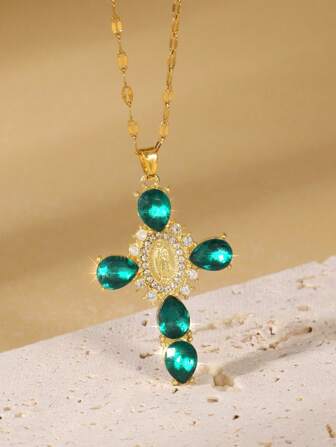 1 pieza Collar con colgante de cruz y Virgen María en estilo retro, colgante de cristal artificial, collar decorativo con circonita artificial, adecuado para uso en fiestas y como regalo