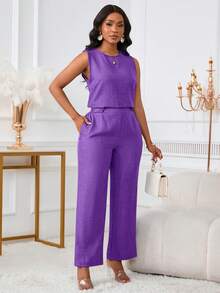 2 Pcs Women Casual Fashion Elegant Sleeveless Tank Top And Long Pants With Slant Pockets And Button Details Set - Purple - View 7