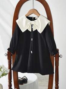 Rochie de fete tinere, cu mâneci lungi și rever blocat în culori, stil dulce și drăguț, potrivită pentru purtare toamnă-primăvară