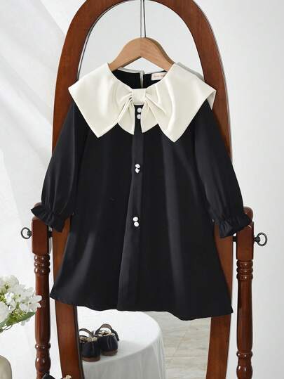 小女孩拼色翻领长袖连衣裙，甜美可爱风格，适合秋春季穿着