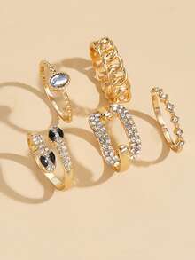 5 件复古水钻蛇形戒指套装，优雅的节日风格，独特的礼物，适合日常佩戴、节日、旅行、沙滩装，是送给女性、妻子、女朋友、圣诞节、情人节、母亲节、新年珠宝的完美礼物 | 优雅配饰