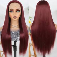 Purple Color Lace Front Wigs Pre Plucked Hairline Long Straight Wigs For Fashion Women Girls Party Daily Wear Glueless Dark Purple Lace Front Synthetic Wigs 13x4 Free Part Heat Resistant Fiber Hair 28 Inch 180% Density - 酒紅色 - 查看 5