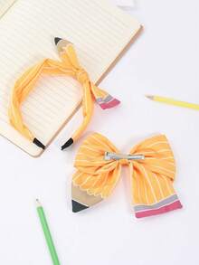 2 件套开学季发夹和头带套装，带黄色/红色/海军蓝铅笔蝴蝶结设计，适合女孩，带手工绑带装饰，适合学生的礼物，开学第一天的发饰