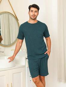 Matching Pajamas For Couples Ribbed Knit Lounge Set Soft Short Sleeve 2 Pieces Sleepwear S-XXLhalloween - 深藍色 - 查看 11