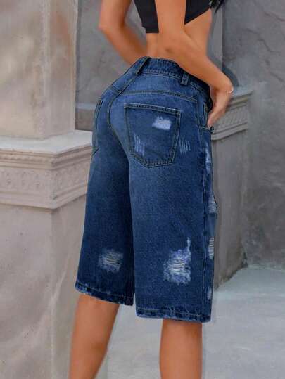 女士春夏做旧宽松阔腿百慕大牛仔短裤 - 中腰休闲时尚