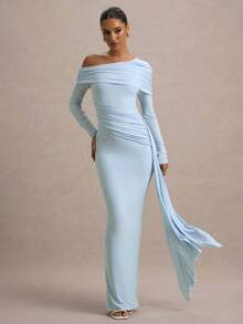 Vestido maxi ajustado con escote en V, manga larga, hombro asimétrico, volantes en el bajo, de color azul , para fiesta, Halloween o Navidad