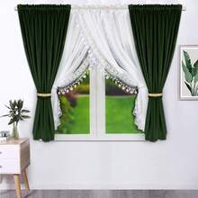 Set Of Velour Curtains With A Voile 400x160cm LUIS A Set Of Two Curtains With A Voile Decorated With Guipure And Golden  The Velour Curtain Set With The Voile LUIS Is An Incredibly Elegant Decorative Element That Will Add A Unique Character To Any Interior. It Is Undoubtedly A Great Combination That Makes The Window Arrangement Look Interesting While Beautifully Covering It. A Charming Set For Any Window The LUIS Set Is Available In Several Color Versions. What Distinguishes This Set From Other Ready-Made Curtains And Voiles? Perfect Color Matching And The Use Of Interesting Decorative Elements. The Curtains Are Made Of Soft Velour Material, Which Brings Coziness To The Room. The Central Element Of The Set Is A Voile Decorated With A Ribbon With Golden  And Delicate Guipure. Both The Curtains And The Voile Can Be Gathered Using The Included Ribbons With . This Set Fits Perfectly In A Children's Room, Living Room, Bedroom, And Kitchen Window. - Army Green - View 2