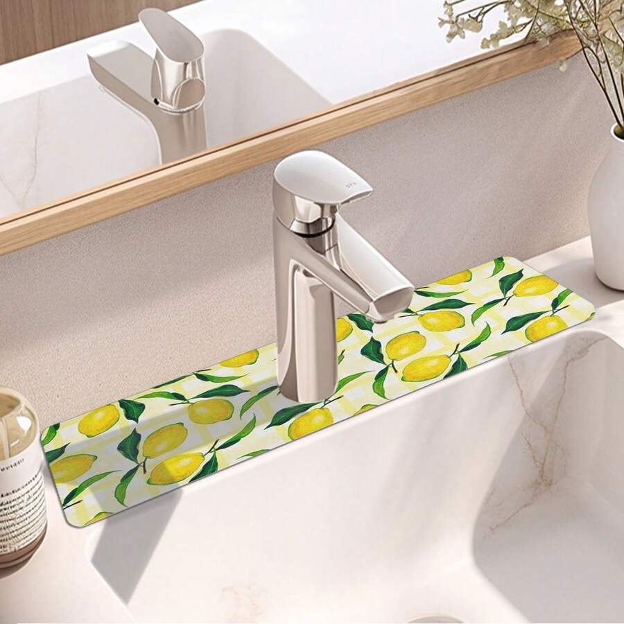 1Pc Lemon Print Kitchen Sink Splash Guard Faucet Mat ,Absorbent Fast Drying Mat Sink Gadgets-Splash For Kitchen, Bathroom,Sink Mat, Dish Drying Mat, Bathroom