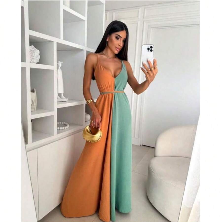 Women's Long Biocolor Dress Comfortable Gender Reveal Party - 赤陶/綠色 - 查看 1