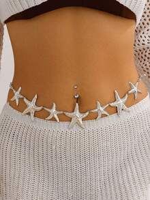 1 件优雅迷人的波西米亚海星时尚腰链，夏季银金首饰，性感身体链比基尼腰带，海滩度假