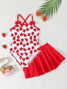 Young Girl Strawberry Print Bow Decor One-Piece Swimsuit With Skirt - Multicolor - View 1