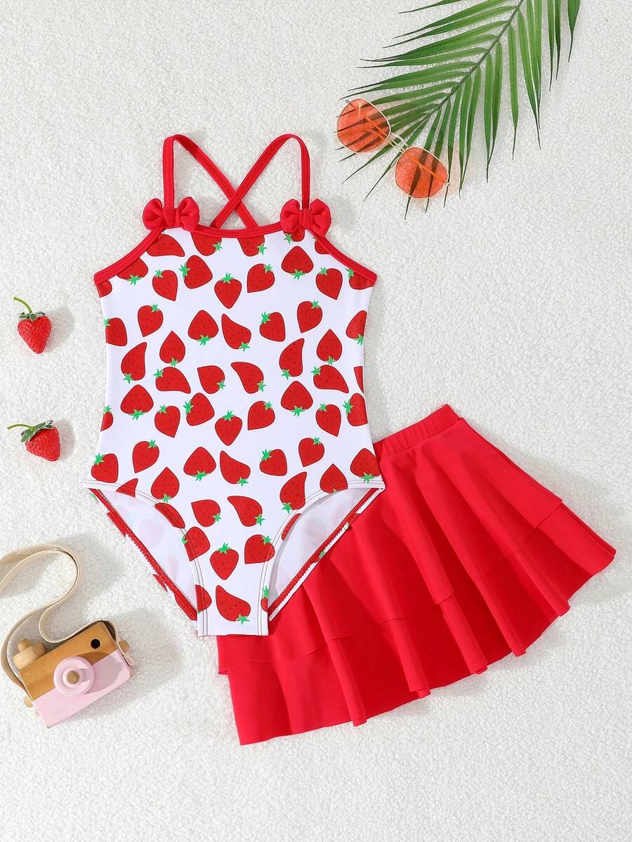 Young Girl Strawberry Print Bow Decor One-Piece Swimsuit With Skirt - Multicolor - View 1