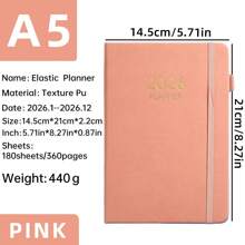 1pc A5 Thick 2026 New English Planner Notebook, 180 Sheets/360 Pages Thick Year Calendar, 365 Daily Plan Agenda Book For Daily Life, Office, School Use, Elastic Band A5 Diary