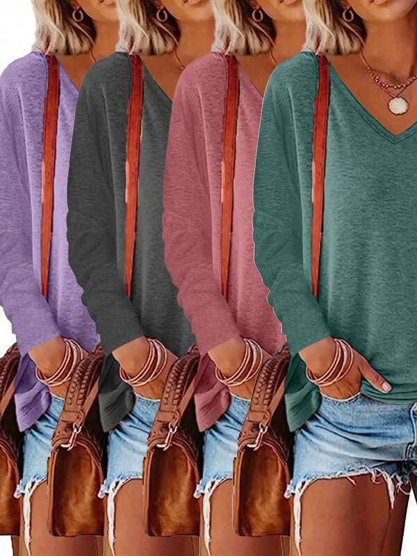4 Stücke V-Ausschnitt Langarm Lässig Loose Tops, Einfarbig, Damen, Frühling & Herbst