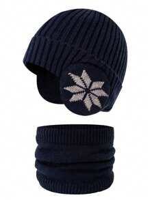 1件装雪花图案儿童护耳帽围巾套装，针织，保暖内衬，加厚，适合冬季户外骑行