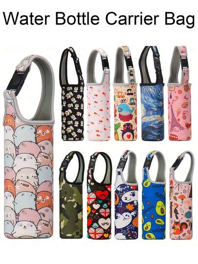 Sac de transport de bouteille d'eau style dessin animé avec sangle - Manchon isotherme à motif coloré pour tasse, support portable pour tumbler sous vide, pochette pour tasse en verre pour boissons chaudes et froides, accessoires de verrerie pour l'été et l'hiver, accessoires pour bouteille d'eau