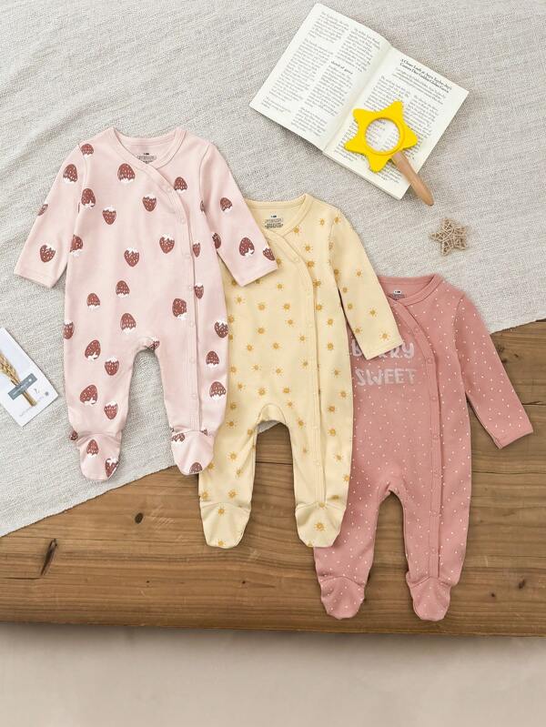 3 PCS Baby Girl 0-12 Months Strawberry Printlong Sleeve Baby Jumpsuits Soft Newborn Clothes Autumn Winter