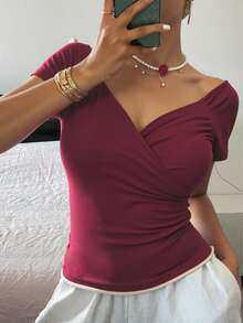 Livesso Women's Solid Color Overlap V-Neck Short Sleeve T-Shirt, Summer - Burgundy - View 4