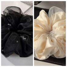 Oversized Faux Pearl Organza Scrunchie Simple Hair Ties 2025 New High-End Decor Floral Hair Accessories For Women, Hair Accessory ,Hair Accessories, Scrunchy Hair Ties, Casual Ponytail Head Accessories Elastic Band - Multicolor - View 9