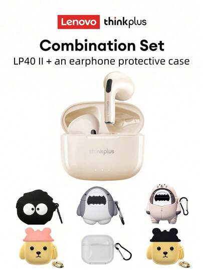 Lenovo Estuche de protección para auriculares Bluetooth Lenovo LP40 II, auriculares deportivos intraurales con graves potentes, HD para llamadas, micrófono, baja latencia, para música/juegos, larga duración de batería, auriculares inalámbricos compactos y portátiles