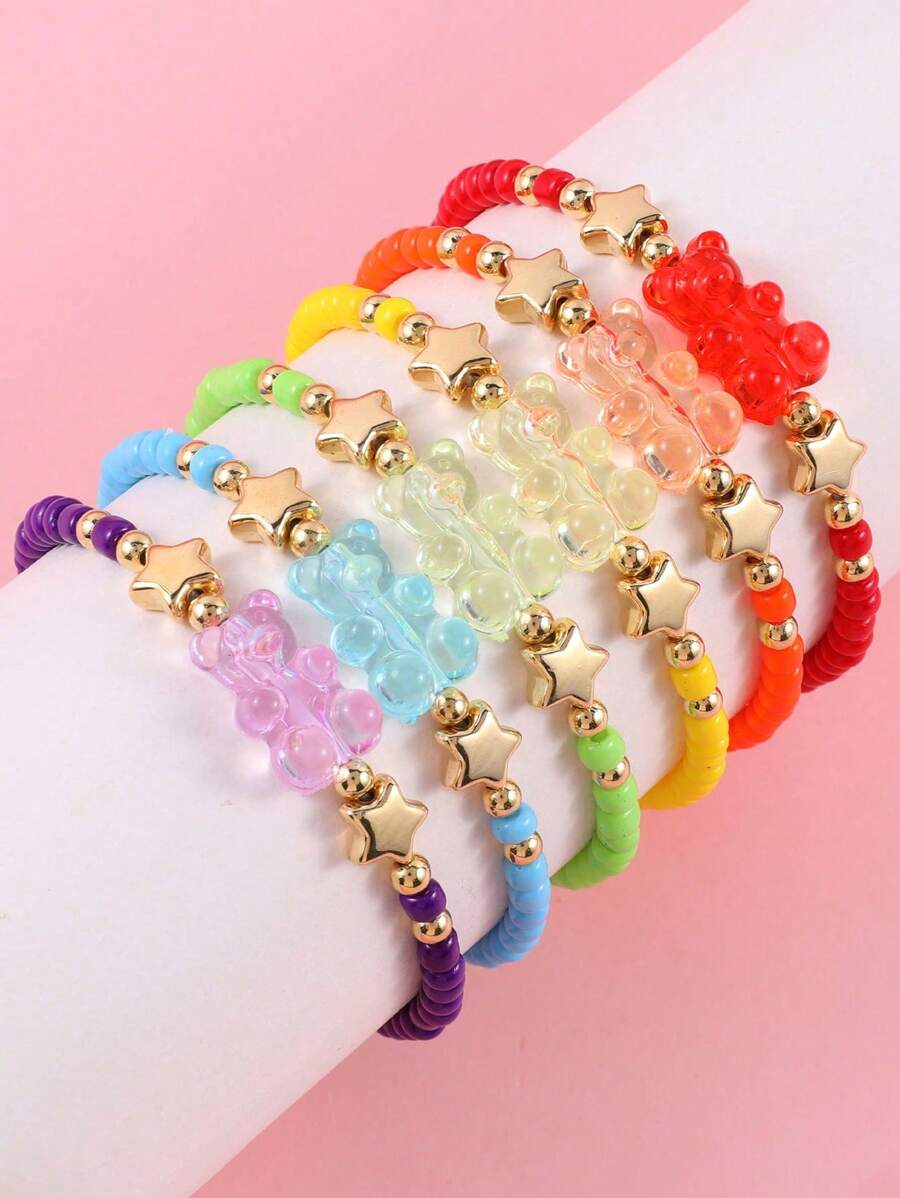 6pcs/Set Rainbow Cute Transparent Colored Mini Bear Bracelets