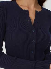 Women's Autumn Sweater Cardigan Solid Color Long Sleeve Round Neck Button Up Ribbed Knitwear - Deep Sky Blue - View 3