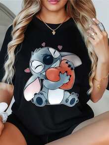 Cartoon Image Short Sleeve Round Neck T-Shirt, Casual And Fashionable Short Sleeve T-Shirt, Micro Elastic, Opaque, Easy Care Material, Perfect For Everyday Wear, Ladies T-Shirt - 黑色 - 查看 1