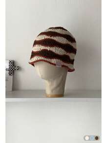 1pc Vintage Striped Handmade Hollow Out Bucket Hat, Women Summer Outdoor Sun Protection Hat, Contrast Color Stripes Handcrafted Knitted Bucket Hat, Women Autumn/Winter Outdoor Petite Size Knitted Cap, Versatile Autumn Accessories