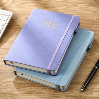 1pc A5 Thick 2026 New English Planner Notebook, 180 Sheets/360 Pages Thick Year Calendar, 365 Daily Plan Agenda Book For Daily Life, Office, School Use, Elastic Band A5 Diary