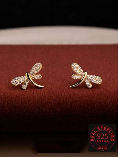 1 Pair S925 Sterling Silver Delicate Elegant Dragonfly Stud Earrings For Women, Unique Design