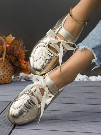 Women's Preppy Solid Color Ballet-Inspired Casual Sneakers, 2025 Fashion , Comfortable, Versatile, High-Quality Niche Design, Breathable, Lace-Up, Slimming Effect