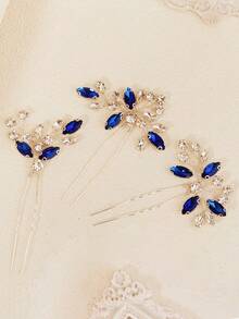 3件套新娘发夹套装，水晶编织婚礼发饰，情人节配饰 - 寶藍色 - 查看 6