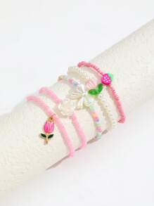 5pcs/Set Summer Beaded Pearl Crystal Tulip Charm Bracelet, Cute Element Boho Butterfly Flower Pendant Elastic Bracelet Set, For Beach Vacation