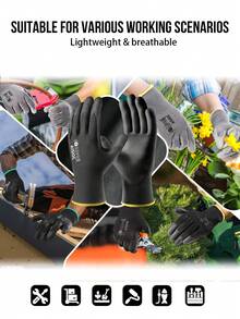 12 双装工作手套 - 13 针无缝针织，带防滑 PU 涂层，聚氨酯浸渍，适用于仓库和园艺，透气轻便，男女通用（黑色、灰色）