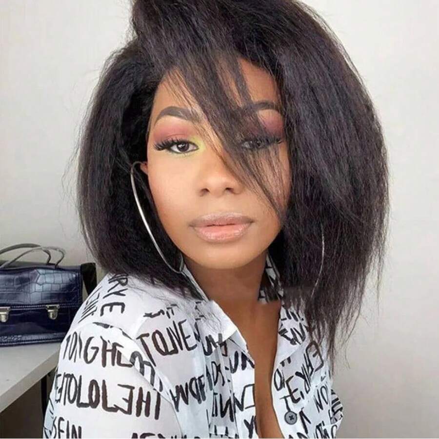 200% Density Kinky Straight Bob Wig Human Hair Wigs Yaki 13X4 HD Transparent Short Bob Lace Front Wigs - Natural Black - 查看 1