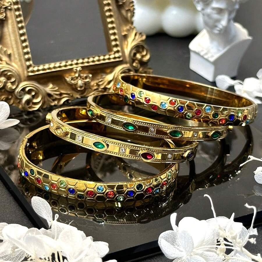 奢华复古18K彩色全钻几何金手链不锈钢开口款式适合女性日常聚会晚宴新娘婚礼宴会海滩度假佩戴 - 彩色 - 查看 1