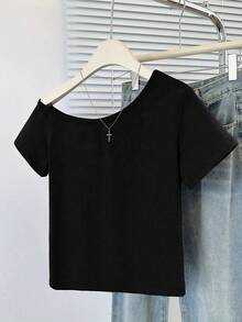 女式性感不对称领口短袖修身短款上衣 - 黑色 - 查看 7