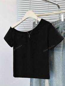 Women's Sexy Asymmetrical Neck Short Sleeve Fitted Crop Top