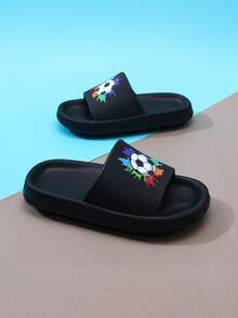 Kids EVA Foam Slippers, Lightweight Non-Slip Soft Soles Football Design, Comfortable Home/Casual Slip-On, Quick Drying, Solid Color, Thick Sole, Suitable For Boys & Girls, Beach Sandal - Black - View 6