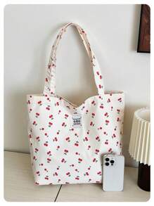 Borsa a secchiello ampia a tracolla con stampa di ciliegie, semplice, adatta a studenti e ragazze, borsa a tracolla per la scuola